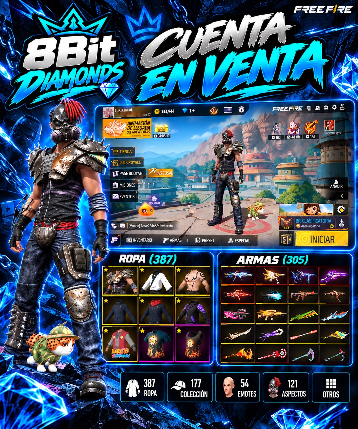 Cuenta Destructor de Free Fire en venta: imagen del perfil, ropa y armas disponibles