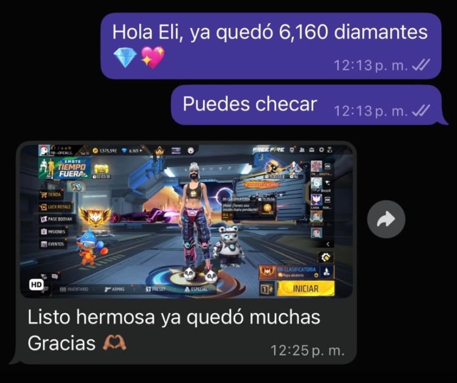 Recarga de 6.160 diamantes: conversación de WhatsApp y captura de Free Fire