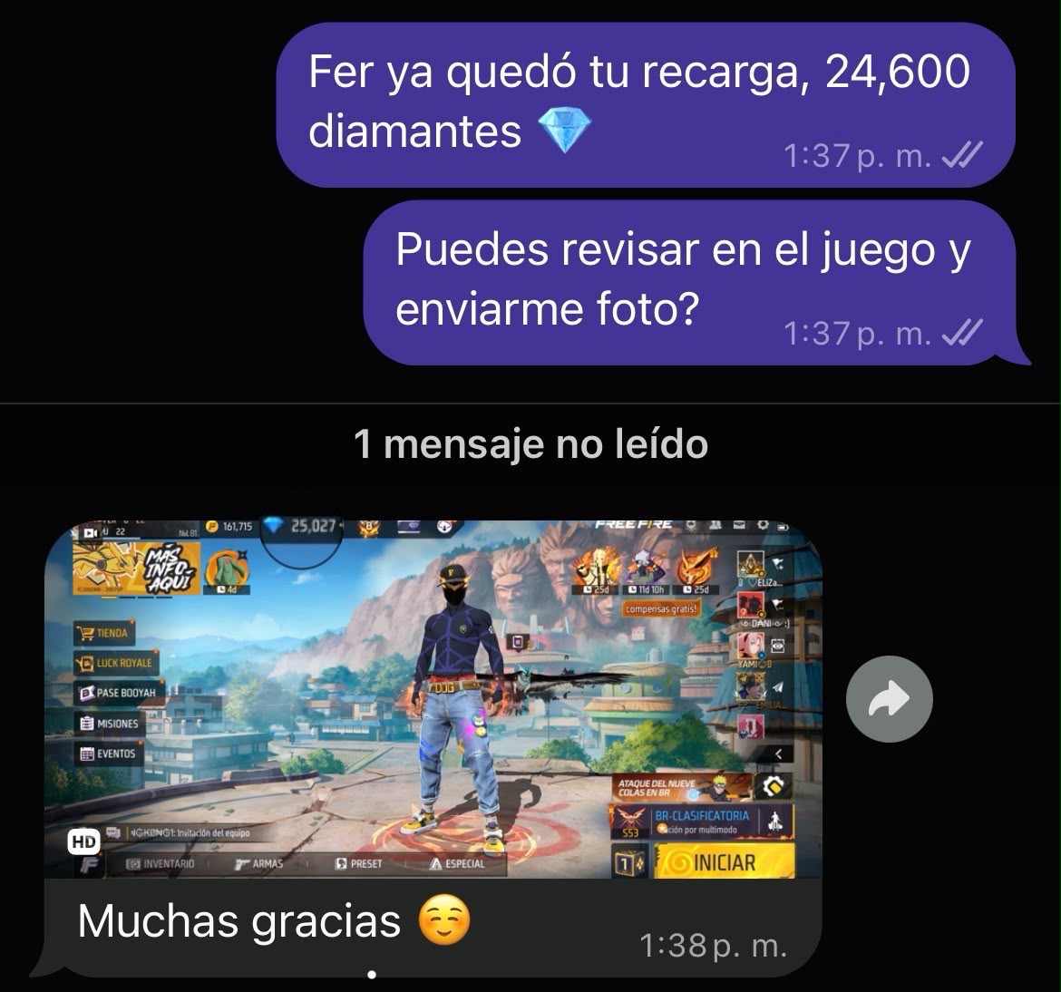 Recarga de 24.600 diamantes: conversación de WhatsApp y captura de Free Fire