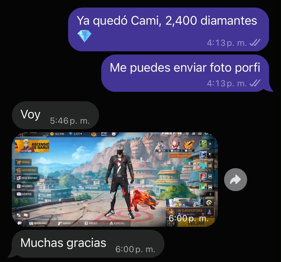 Recarga de 2.400 diamantes: conversación de WhatsApp y captura de Free Fire