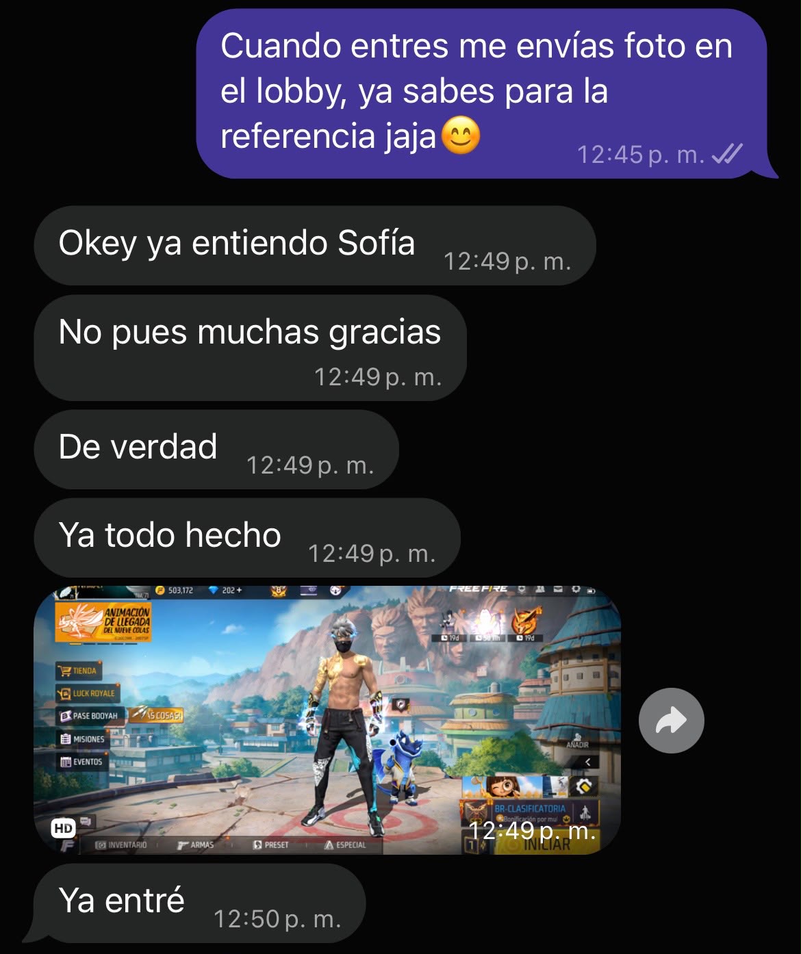 Conversación y captura del juego: conversación de WhatsApp y captura de Free Fire