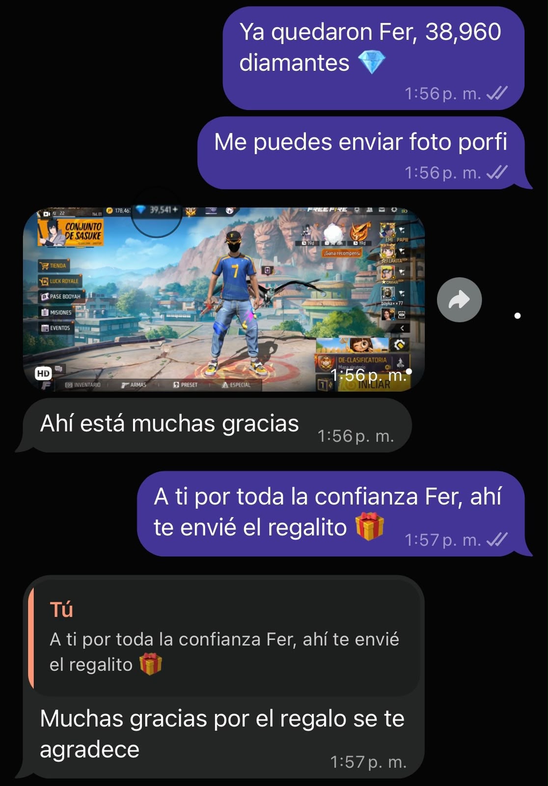 Recarga de 38.960 diamantes: conversación de WhatsApp y captura de Free Fire